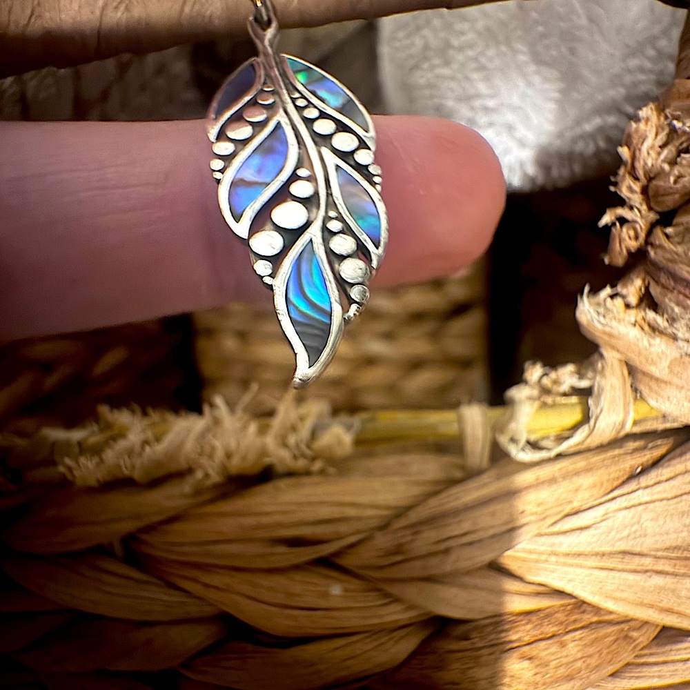 Sterling Silver Abalone Inlay Feather Earrings - image 3